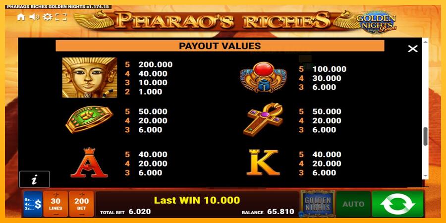 Pharaos Riches Golden Nights παιχνιδομηχανή για τα χρήματα, εικόνα 6