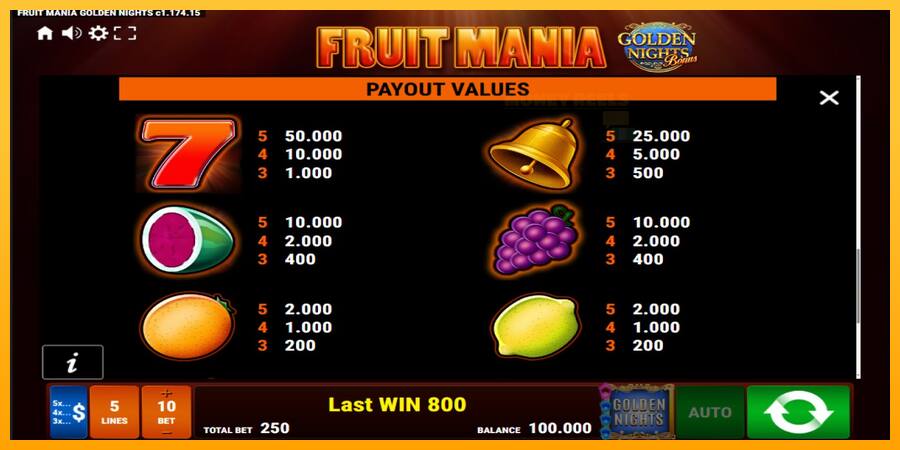 Fruit Mania Golden Nights παιχνιδομηχανή για τα χρήματα, εικόνα 7